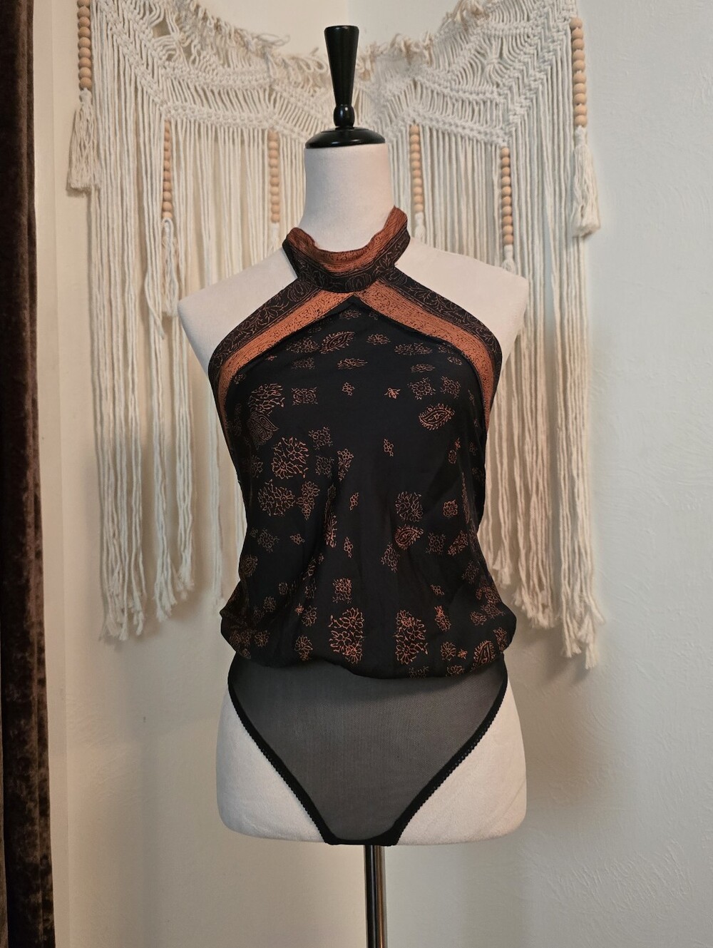 Free People Black & Rust Halter Neck Printed Women's Bodysuit